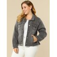 thumbnail image 3 of GRACE & GRANDEUR Women's Plus Washed Button Front Frayed Denim Jacket Grey 4X, 3 of 6