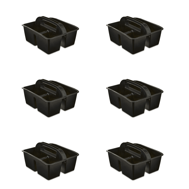 Storex Small Plastic Caddy, black rectangular desktop organizer with three compartments—one large and two small—measuring 8.75’’ x 7.67’’ x 4.44’’, featuring a rounded comfort grip handle for easy carrying, ideal for sorting craft and school supplies, and often used for quick transport of classroom materials.
