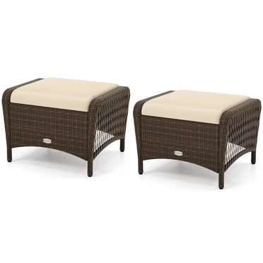 Gymax 2 Pieces Outdoor Patio PE Wicker Ottomans w/ Removable Cushions Footstools Beige