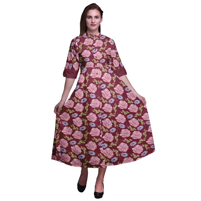 Bimba Robe Chemise à Imprimé Floral à Boutons, Col Mandarin, Manches Retroussables - Très Petit