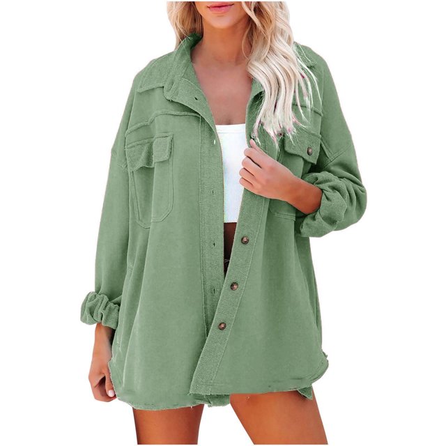 IROINID Veste Blouson Mi-Longue pour Femmes Col Rabattu Couleur Unie Manches Longues Ample avec Poches, Vert