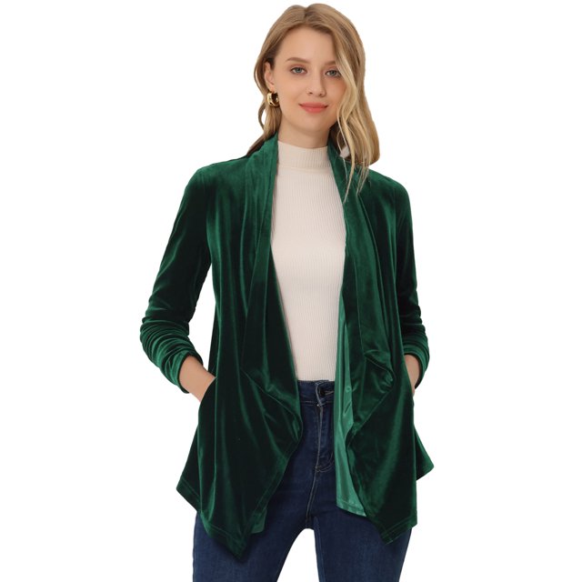 INSPIRE CHIC Cardigan en Velours Extensible pour Femme à Col Châle, Ouvert à l'Avant, avec Poches, TP Vert