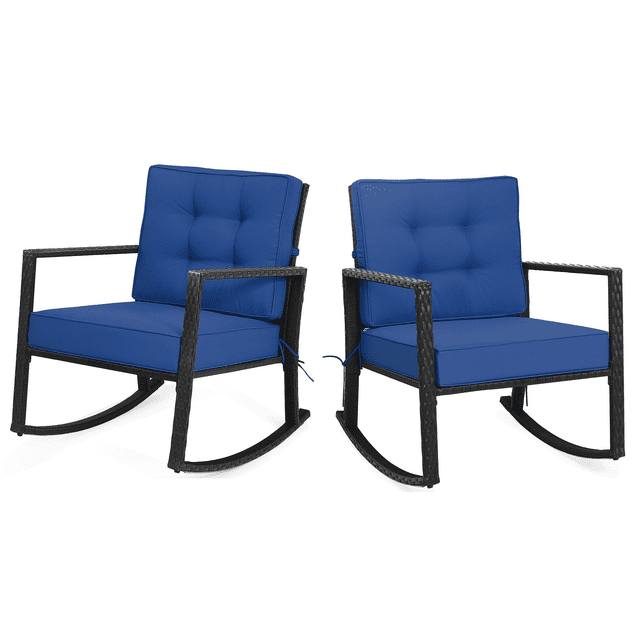 Patiojoy 2 PCS Outdoor Wicker Rocking Chair Glider Rattan Rocker Recliner with Navy Cushion. This set includes two black PE rattan rocking chairs with sturdy metal frames, featuring angled backrests, armrests, and thick navy cushions for added comfort. Each chair has a weight capacity of 360 lbs and includes safety pads to prevent sliding. Ideal for patios, gardens, or porches, the chairs measure 26.5 x 36 x 33 inches (L x W x H) with a seat height of 20 inches and armrest height of 26 inches. Zippered cushion covers allow for easy cleaning.