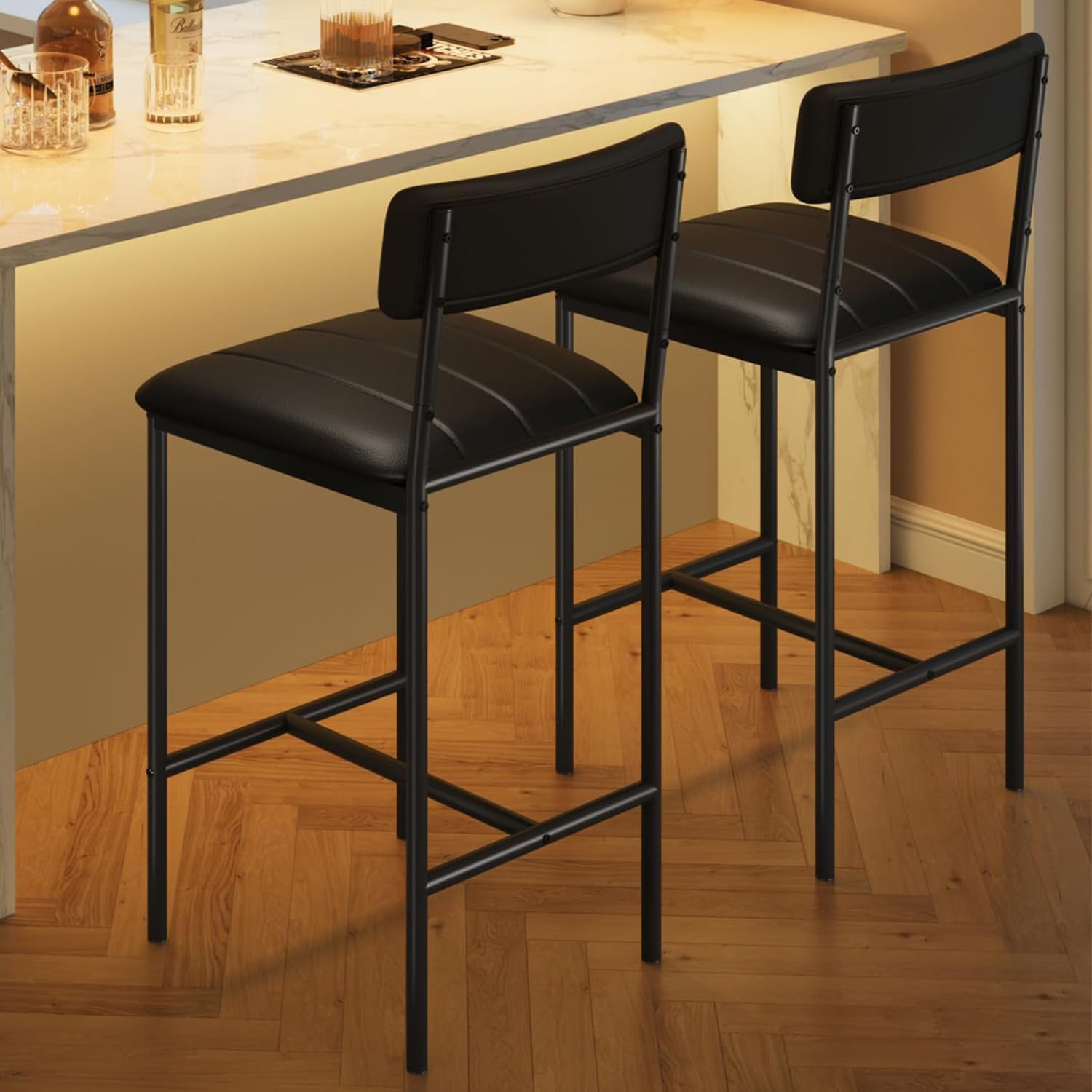 Ourlova Bar Stools Set of 2 Kitchen Bar Stools with Footrest 25.5 Inches Upholstered Bar Chairs with Back 2 Counter Height Barstools for Counter Bar Island Easy Assembly Black