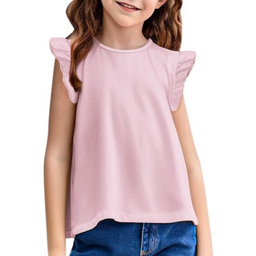B91xZ T-Shirt Col Rond en Coton pour Filles et Tout-Petits Manches Courtes Unies, Rose 3-4 Ans