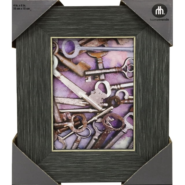 hometrends Grey Wood 4X6 Photo Frame with a textured grey polystyrene finish and thin gold inner trim, holding a 4 by 6 inch photo of vintage metal keys on a purple background, suitable for tabletop or wall display.