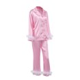 thumbnail image 3 of Fortune Women Pajamas Set, Feather Trim Long Sleeve Button-Down Lapel Tops + Pants, 3 of 9