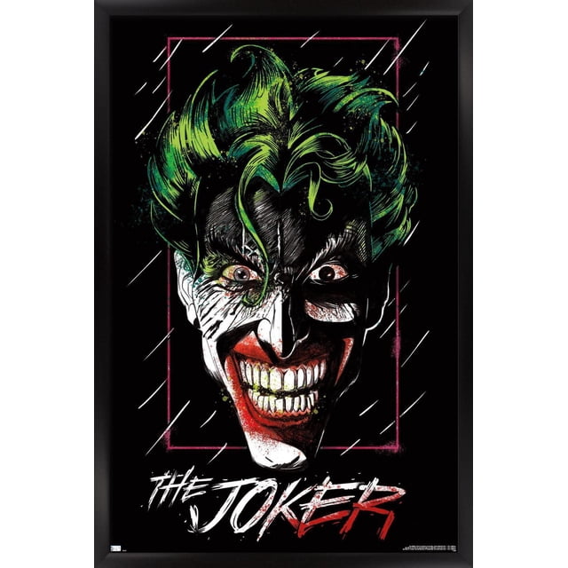 DC Comics - The Joker - Affiche Murale Gros Plan, 14,725 Po x 22,375 Po avec des Cheveux Verts et Noirs Stylisés Encadrés par une Bordure Rectangulaire Rouge sur Fond Noir, avec « The Joker » en Texte Style Graffiti Blanc et Rouge au Bas, Imprimée sur Papier d'Affiche Lustré Idéale pour l'Art Mural et la Décoration de Pièce.