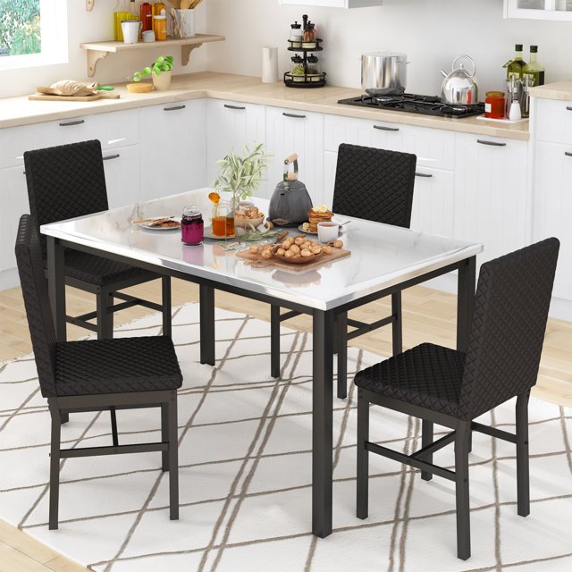 Stmoze Marble Dining Table Set for 4, Faux Marble Retangle Kitchen Table and Chairs Set, 5 Pieces Dining Table Set with 4 Velvet Dining Chairs, Dining Room Set for Small Space, White+Black