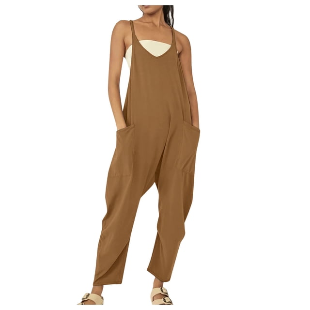 TrendOFT Combinaison Décontractée d'Été pour Femmes Mode Yoga Col Carré Bretelles Spaghetti Côtelé Sans Manches Unie Athlétique Combinaisons pour Femmes une Pièce Salopettes Brun m