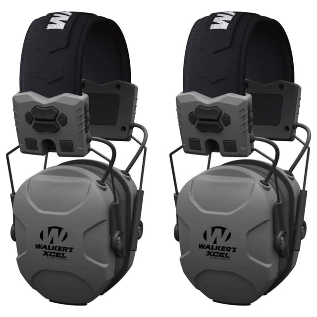 Walker's XCEL 500BT Electronic Hearing Protection Earmuffs, Gray (2 Pack), featuring a 26 dB noise reduction rating, Bluetooth connectivity, and 4 listening modes: Universal, Speech Clarity, Hi Frequency, and Power Boost. Includes cushioned ear cups, ergonomic headband, and high-gain omnidirectional microphones for clear sound. Designed for hunting or shooting, with auto shut-off and low battery warning. Dimensions: 10.3 x 8 x 4.5 inches.
