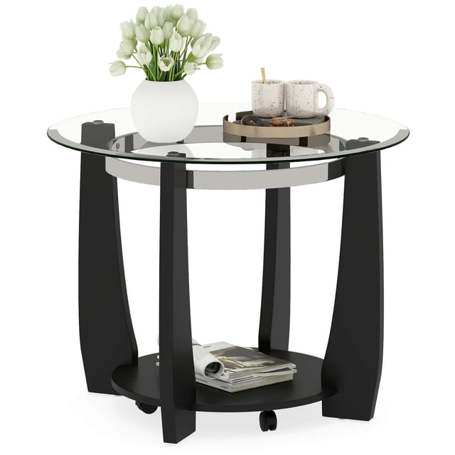 Costway 32" 2-Tier Glass Coffee Table with Tempered Glass Top Bottom Storage Shelf & Wheels Transparent & Black