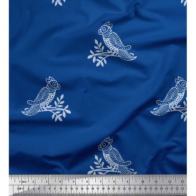 Soimoi Silk Fabric Bird Block Printed Craft Fabric by The Yard 42 Inch Wide