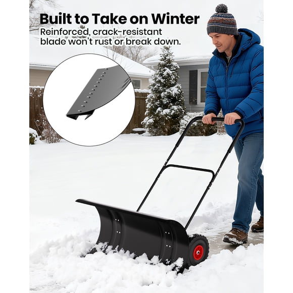 Déneigement Efficace – Pelle à Neige en Acier Robuste de 36 Pouces avec Roues Tout-Terrain, Lame Multi-Angle Ajustable et Poignée Ergonomique à 5 Hauteurs – pour Entrées, Trottoirs, Cours – Poignée Noire