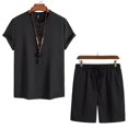 thumbnail image 1 of Weiqiqre Men's 2 Piece Outfits Linen Set Short Sleeve Shirt Top and Drawstring Waist Vacation Short Sets, 1 of 5