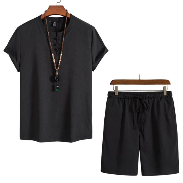 Weiqiqre Men's 2 Piece Outfits Linen Set Short Sleeve Shirt Top and Drawstring Waist Vacation Short Sets