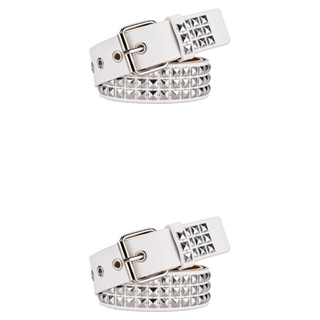 Youkk Women Riveted Metal Belt Premium All-match Unique Gift Various Size Metal Punk Rivet Belt For Men And Women Studded Belt white 110cm 2Set. A set of two white leather belts adorned with silver pyramid studs and a polished metal buckle. Each belt measures approximately 110 cm in length, suitable for men and women. Perfect for casual or formal outfits, these belts add a punk-inspired edge, ideal for parties, concerts, or everyday wear.