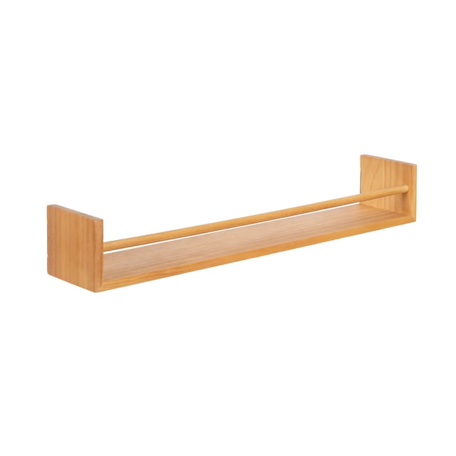 hometrends 23IN Wakula Wood Wall Shelf Natural Color floating wood wall shelf with a 23-inch wide solid base and a horizontal bar for securing items, designed for versatile display and storage including books, plants, or hanging scarves and jewelry