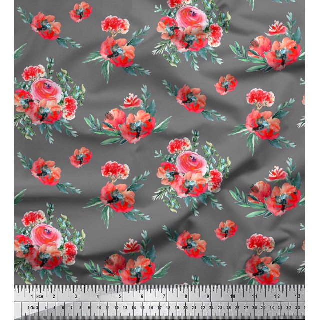 Soimoi Gray Moss Georgette Fabric Leaves & Ranunculus Floral Decor Fabric Printed Yard 42 Inch Wide