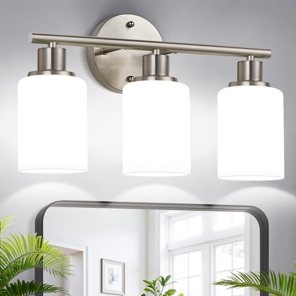 Zarbitta 3-Light Bathroom Light Fixtures, Brushed Nickel Vanity Light, Farmhouse Wall Lights with Milky White Frosted Glass Shades, Bathroom Wall Lamp for Mirror Kitchen Bedroom H