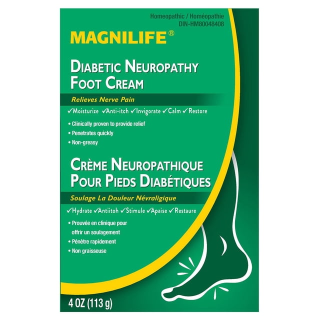 Magnilife Diabetic Neuropathy Foot Cream packaging in green and yellow, formulated for diabetic foot care to relieve nerve pain, moisturize, soothe dry and itchy skin, soften callused skin, and penetrate quickly, 4 oz (113 g).