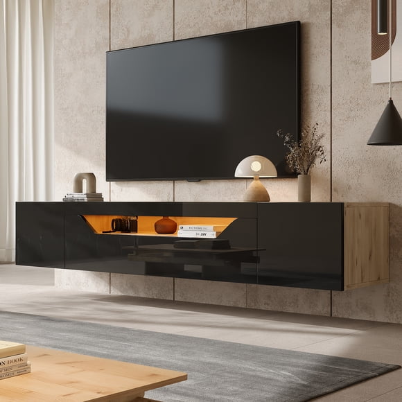 TV Stand, Floating high gloss wall cabinet with 3 storage grids and LED lights, black & natural wood mixed finish for 65-inch home TV,Black+Natural,64.9×14.5×14.1 Inch