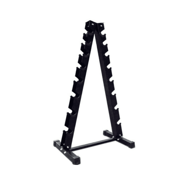 Steel Dumbbell Racks Vertical and Horizontal Style by HAJEX, featuring a durable heavy-duty steel frame with anti-tarnish coating for enhanced longevity. The rack measures 23 x 22 x 43 inches and supports up to 800 lbs. Its ergonomic design offers both vertical and horizontal storage options, optimizing gym space. Rubberized feet protect floors from scratches and prevent sliding.