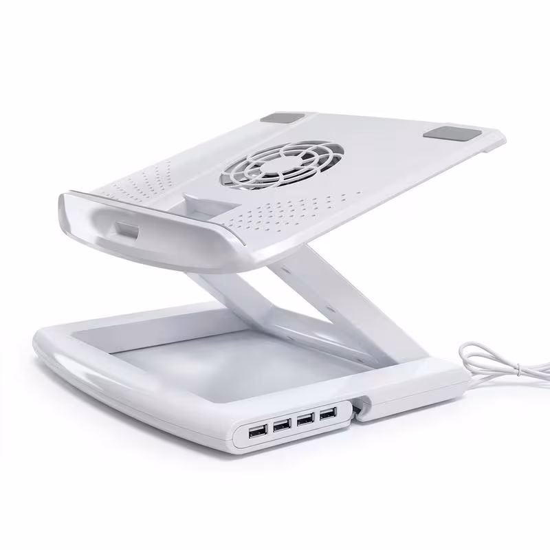thumbnail image 1 of Universal Laptop & Tablet Cooling Stand – Ergonomic Height Adjustable Riser with 4-Port Detachable USB Hub & Ultra-Silent 2400RPM Fan – Compatible with 13-15" Devices (White), 1 of 3