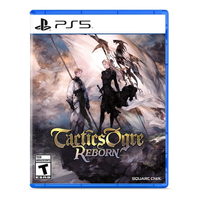 Tactics Ogre : Reborn (PS5) Couverture de Jeu Mettant en Vedette Deux Personnages en Tenue Fantastique Se Tenant Debout devant un Grand Drapeau Blanc avec un Emblème Noir, contre un Ciel Nuageux Dramatique, avec le Titre en Lettrage Or et Argent et le logo Square Enix en Bas à Droite.
