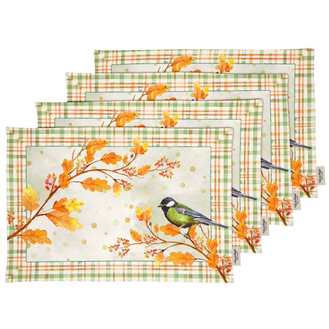 Vargottam Napperons - Napperon pour Table à Manger, Ensemble de 4 - Serviette en Coton Imprimée et Réversible - Napperons d'Intérieur pour Table de Maison et de Cuisine - Aquarelle Automne Oiseau (Jaune et Vert)