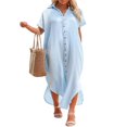 thumbnail image 1 of Femmes Maillot de Bain Couvrir Robe Manches Courtes Côté Divisé Bouton vers le Bas Longue Chemise Robe Cardigan Maxi Plage Robe Bleu, 1 of 7