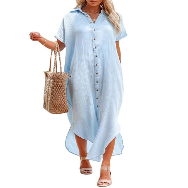 Femmes Maillot de Bain Couvrir Robe Manches Courtes Côté Divisé Bouton vers le Bas Longue Chemise Robe Cardigan Maxi Plage Robe Bleu