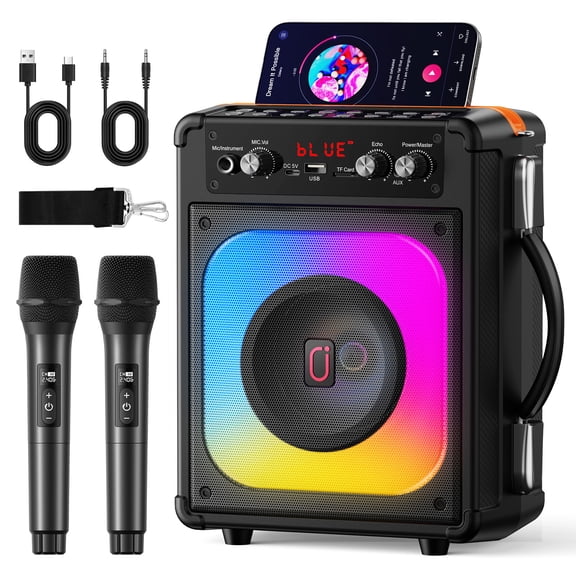 JYX Machine de Karaoké Portable avec 2 Micros, Machine de Chant Bluetooth pour Adultes et Enfants, Réglage d'Écho, Système PA pour Fête, Prend en Charge TWS/USB/TF/REC/AUX/TV