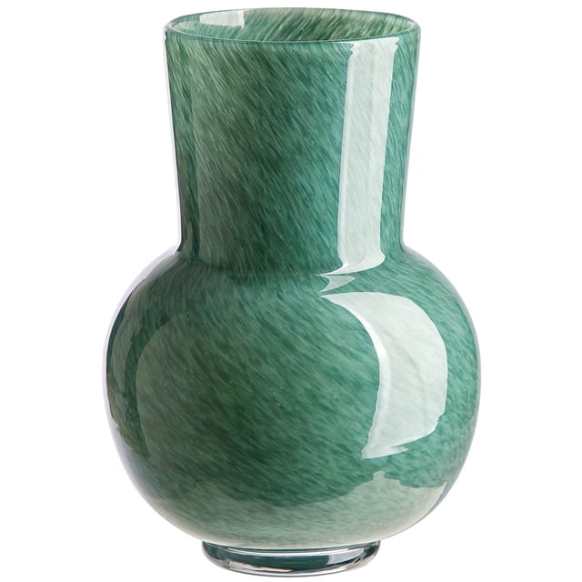 Magnifique Vase en Verre Vert Moucheté par Drew Barrymore avec base Bulbeuse et Col Droit en Verre Moucheté Vert Thym, Mesurant 5,91 par 5,91 par 8,35 Pouces, Convient aux Fleurs Fraîches Ou comme accent Décoratif dans la Déco de la Maison.