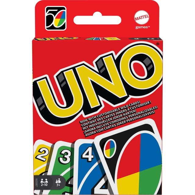 UNO Card Game box with red background and large yellow UNO logo, displaying cards numbered 2, 3, 4, and a customizable Wild Card featuring four color quadrants, suitable for 2-10 players aged 7 and up.