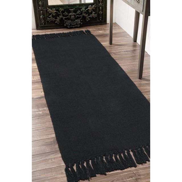 Seavish Black 2'W x 6'L Kitchen Runner Rug, Machine Washable, Cotton Hand Woven Reversible Farmhouse Low-Pile Entryway Rug for Laundry Room Bedroom Bathroom Foyer Living Room