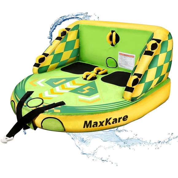 Towable Tube for Boating with Dual Tow Points, Rapid Inflatable Tube for Waterskiing, 1-2 Riders, Max 450lbs, Anti-Slip EVA Pad, Green