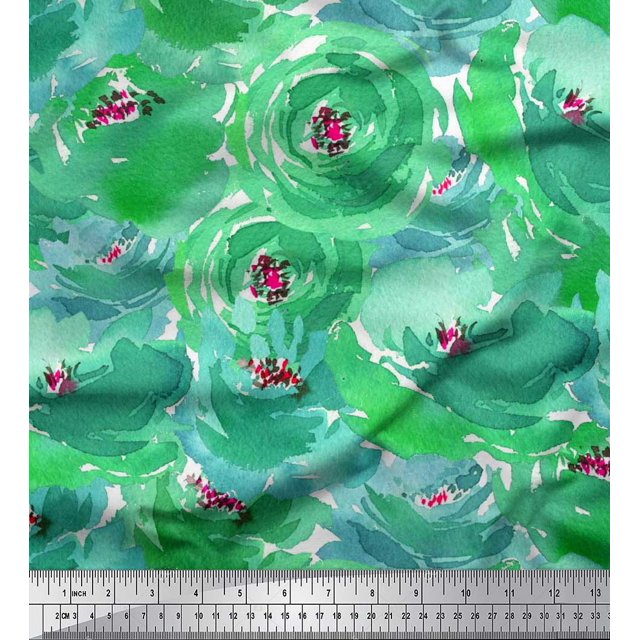 Soimoi Green polyester Crepe Fabric Flower Watercolor Print Fabric by Yard 42 Inch Wide