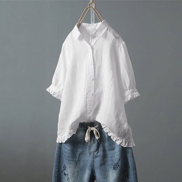 BVOFAR Women's Cotton Linen Button Down Shirts Summer Solid Color Blouses Trendy Casual 3/4 Sleeve Tops Ruffle Hem Plus Size T-Shirts