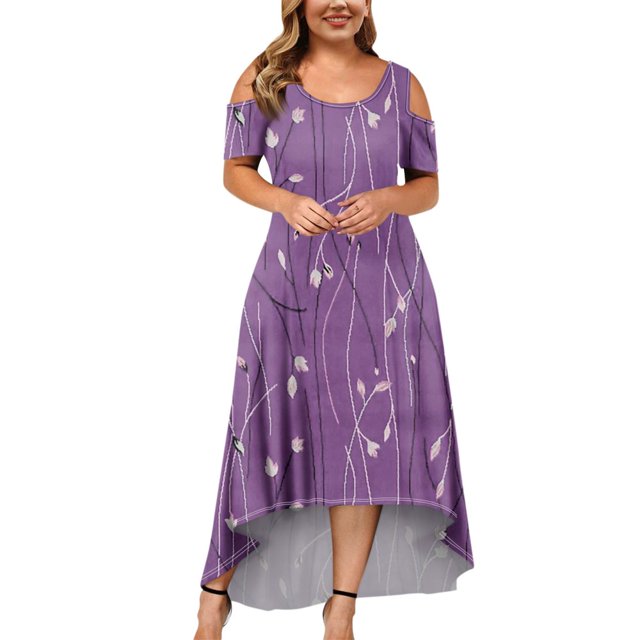JULMCOMO Robes Grande Taille pour Femmes 5x Robe d'Été à Épaules Dénudées pour Invitée de Mariage Tendance à Imprimé Floral à Manches Courtes Col Ras du Cou Longue Robe Violet 5TG