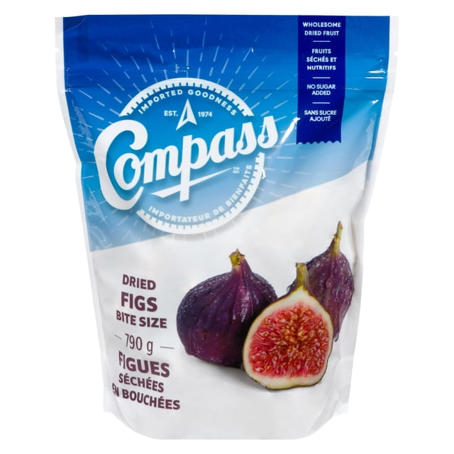 Compass Dried Bite Size Figs 790 g package showing whole and halved dried figs with visible seeds, labelled as wholesome dried fruit with no sugar added, ideal for cereals, salads, yogurt, or trail mixes.