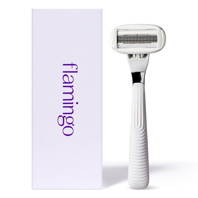 Flamingo Razors for Women with a polished chrome handle and five ultra-thin stainless steel blades designed for precision shaving. The razor features aloe and shea butter glide strips and a lubricating ribbon to protect skin from irritation. Its ergonomic handle provides a no-slip grip, and the flexible hinge ensures smooth navigation around curves. Ideal for women's shaving needs, shown with a branded Flamingo box.