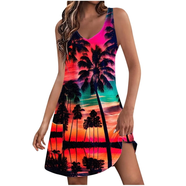 Pisexur Robe d'Été pour Femme Vintage à Fleurs, Robe de Plage Graphique Hawaïenne, Décontractée, Ample, Sans Manches, Style Débardeur, avec Poche