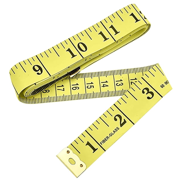 ZTTD Soft Tape Measure Double Scale Body Sewing Flexible Tailor Craft Vinyl Ruler for Weight Loss Medical Body Measurement Nursing Craft, Has Centimetre Scale on Reverse Side 60-inch (Yellow) front-facing close-up of a coiled yellow 60-inch/150 cm PVC tape with bold black inch markings, chrome metal end tab and visible reverse-side centimetre scale; flexible, pocket-size sewing and tailoring tool suitable for waist and curved-surface measurements.