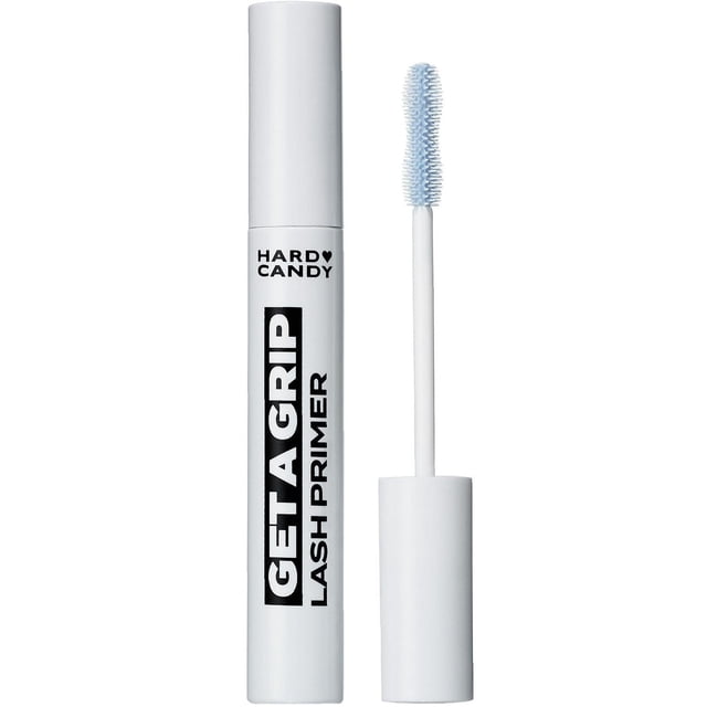 Hard Candy Get a Grip Mascara Eye Lash Primer in a white tube with black text and a white wand featuring a light blue bristle brush. This eyelash treatment primer thickens, lengthens, conditions, and intensifies mascara colour payoff while extending wear for enhanced lash volume and length.