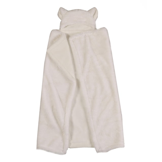 George Baby Hooded Blanket in plush white fleece with 3D ears on the hood, measuring 30 by 36 inches, perfect for keeping babies warm and cozy during naps, bedtime, or travel.