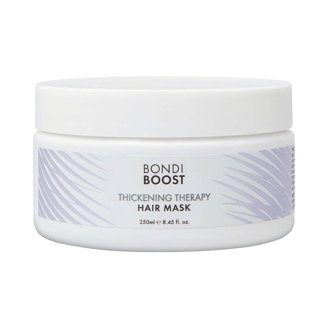 BondiBoost Hair Thickening Therapy Mask in an 8.45 oz (250 mL) white jar with a sleek design featuring subtle lavender palm leaf patterns. This vegan and cruelty-free hair mask is formulated with biotin, collagen, and amaranth extract to thicken, strengthen, and nourish hair. Suitable for fine, medium, and thick hair types, it addresses concerns like thinning, volumizing, and damage. The jar displays the product name and volume prominently on the label.