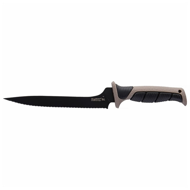 BergHOFF Couteau à Fileter Dentelé 16 Pouces Everslice avec Lame en Acier Inoxydable à Haute Teneur en Carbone à Dents Noires et Poignée Ergonomique beige et Noire, Doté de Coussinets de Doigt à Prise Douce et d'Un Protège-Main pour un Filetage Sûr et Précis.