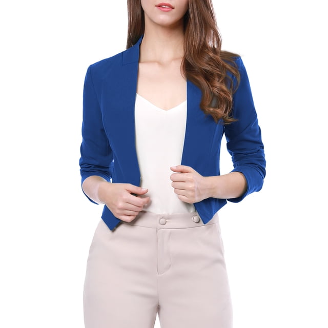 Blazer de Travail pour Femme Sans Col, Veste de Tailleur Chic Décontracté, Blazer Court, TP, Bleu