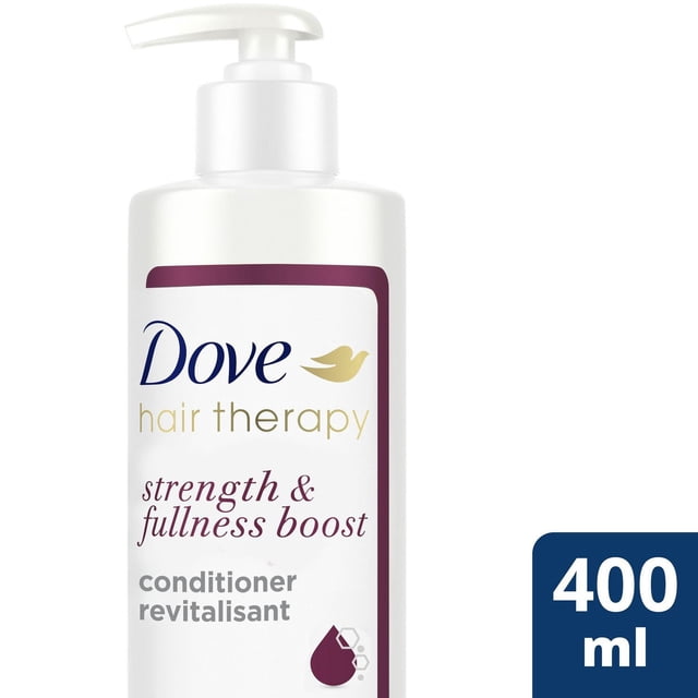 Dove Strength & Fullness Boost Conditioner in a white pump bottle with purple and gold text, formulated to nourish and strengthen fine, thin hair for visibly fuller hair, 400 ml size.